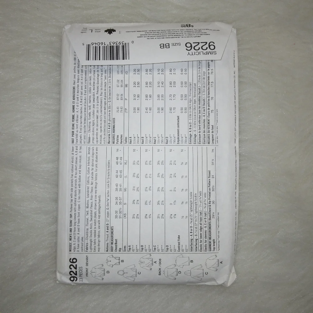 SIMPLICITY 9226 Sz L-XL Misses', Men's, Teens' Pull Over Top